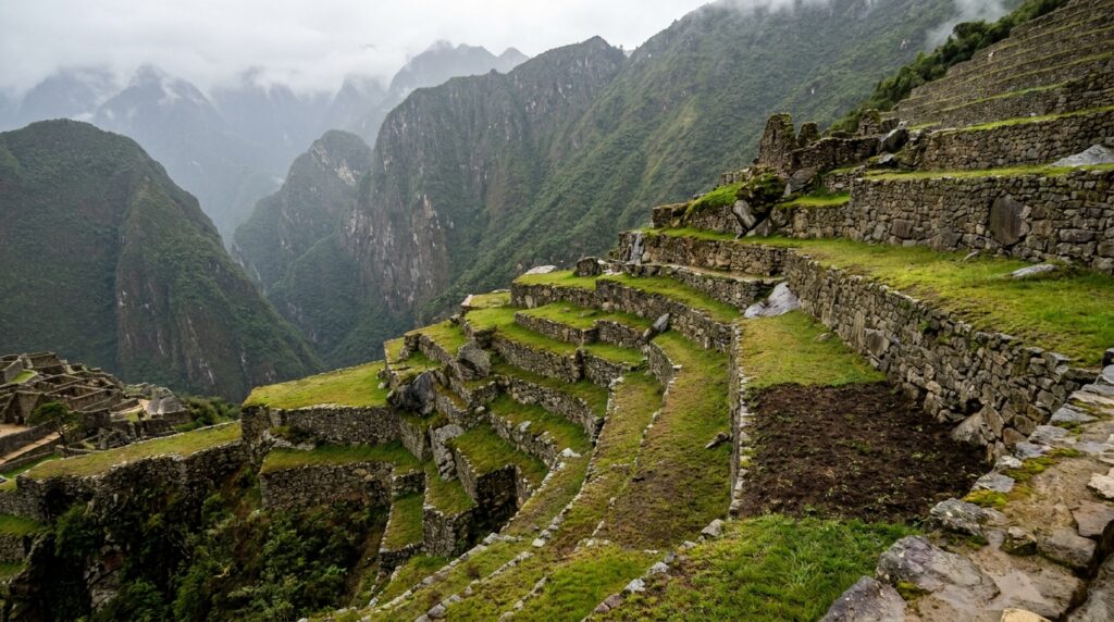 Canal de pedra e fonte do sistema hidráulico inca em Machu Picchu, integrado às construções históricas.