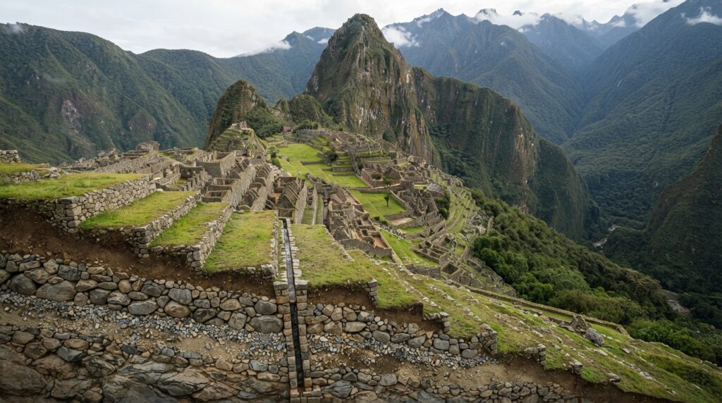 Machu Picchu e seus terraços de pedra, com ilustração das camadas de drenagem subterrânea sob a montanha.