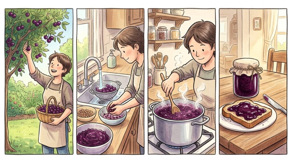 Making_cherry_jam_comic_sequence_20261013002941-1024x576 A árvore que cabe em quintais pequenos e também produz frutos que rendem uma geleia agridoce perfeita para acompanhar pães e torradas