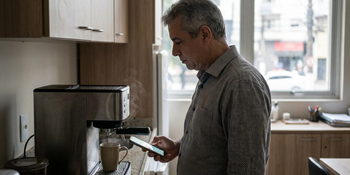 Homem olha o celular enquanto espera alguns segundos pelo café.