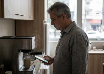 Homem olha o celular enquanto espera alguns segundos pelo café.