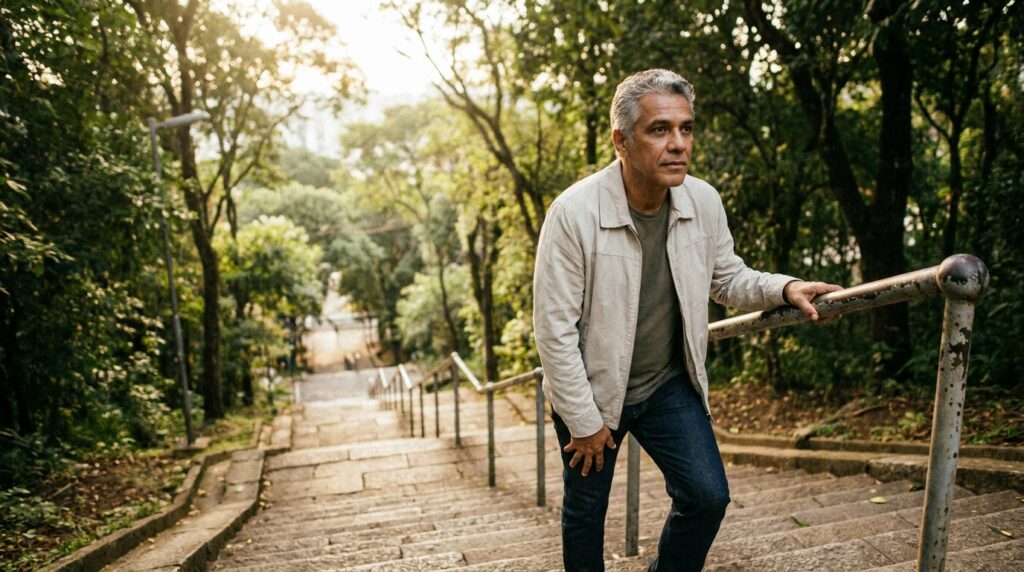 Homem sobe uma longa escadaria devagar, mas continua avançando.