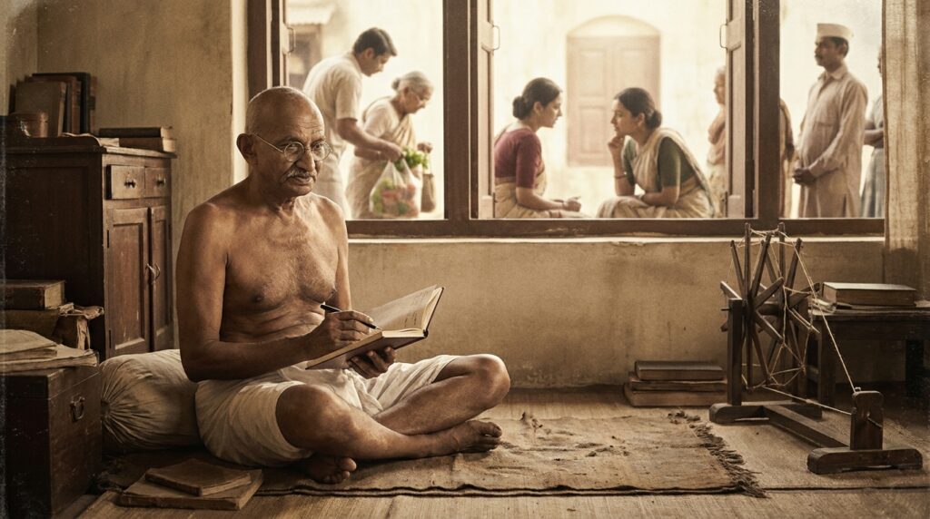 Gandhi aparece em reflexão enquanto atitudes cotidianas representam coerência entre valores e comportamento.