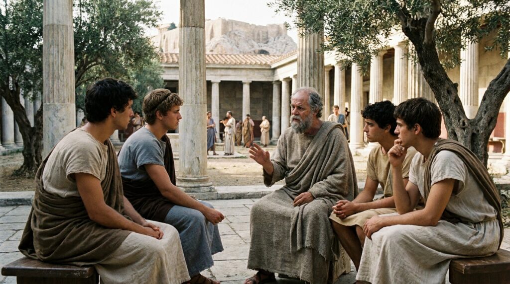 Representação de Sócrates dialogando com estudantes na Grécia Antiga, ilustrando o questionamento filosófico e a busca pelo conhecimento.
