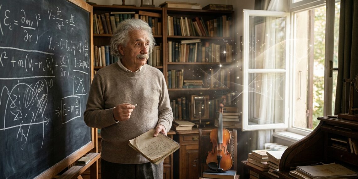 Albert Einstein reflete diante de uma lousa enquanto imagina possibilidades além das equações.