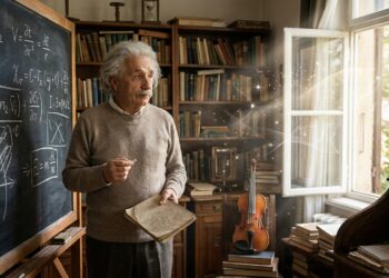 Albert Einstein reflete diante de uma lousa enquanto imagina possibilidades além das equações.