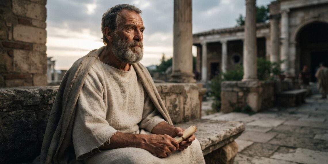 Epicteto, filósofo estoico da Antiguidade, contempla o horizonte em um pátio de arquitetura romana.