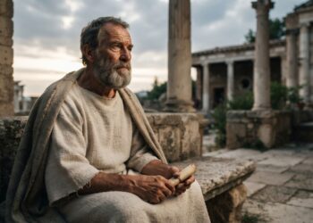Epicteto, filósofo estoico da Antiguidade, contempla o horizonte em um pátio de arquitetura romana.