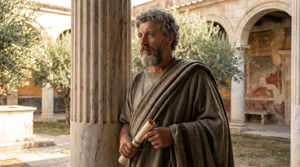 Representação artística do imperador e filósofo Marco Aurélio em um ambiente inspirado na Roma Antiga.