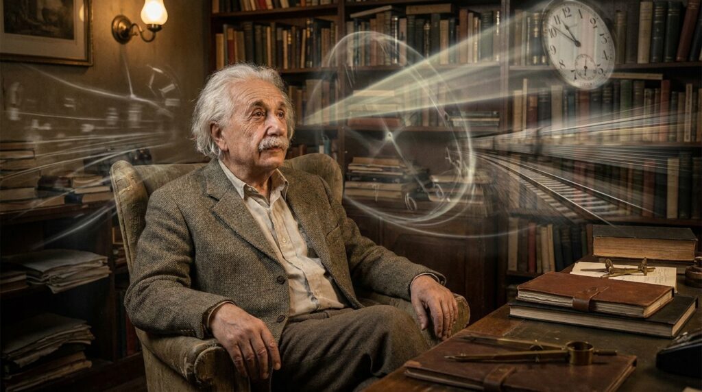 Einstein imagina um experimento mental envolvendo luz e movimento.