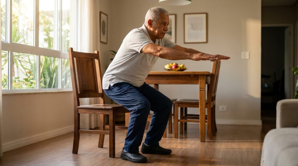 Homem brasileiro de aproximadamente 72 anos pratica o movimento de levantar de uma cadeira com os pés apoiados no chão.