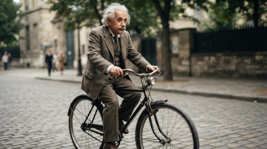 Albert Einstein conduzindo uma bicicleta vintage, com as mãos no guidão e a roda dianteira em movimento.