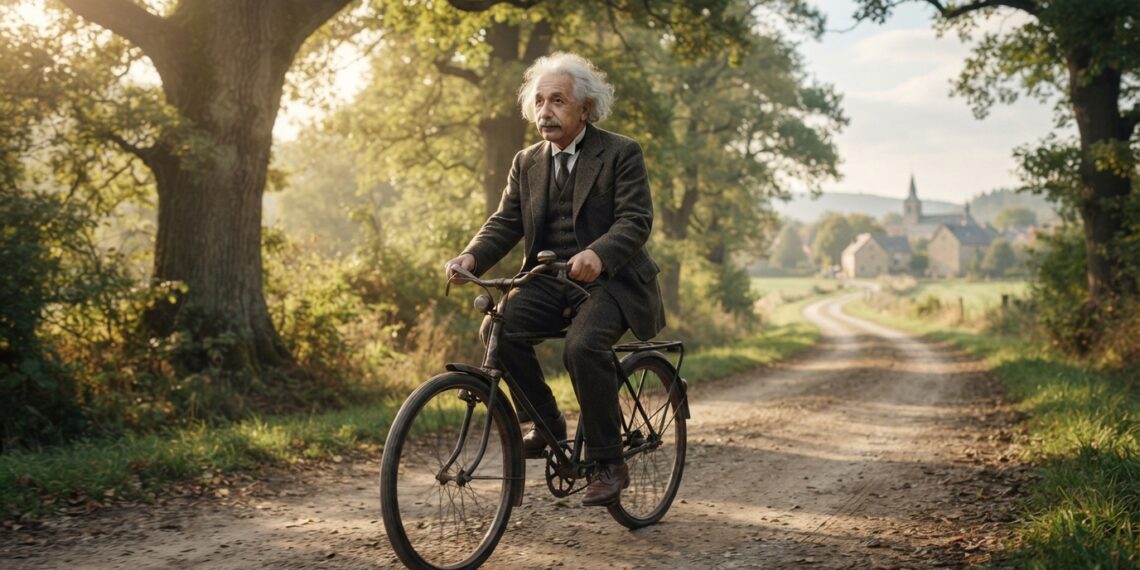Albert Einstein andando de bicicleta em uma estrada arborizada, representando sua reflexão sobre equilíbrio e movimento.