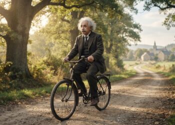 Albert Einstein andando de bicicleta em uma estrada arborizada, representando sua reflexão sobre equilíbrio e movimento.