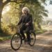 Albert Einstein andando de bicicleta em uma estrada arborizada, representando sua reflexão sobre equilíbrio e movimento.
