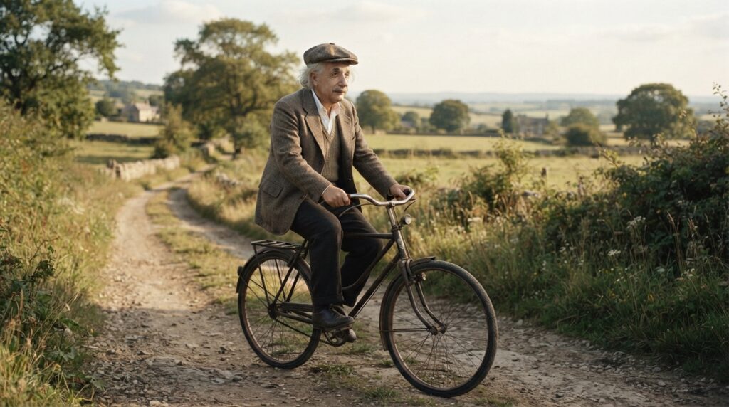 Albert Einstein pedalando por uma estrada rural, com o horizonte à frente simbolizando a continuidade da jornada.
