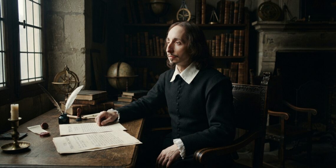 Retrato de Blaise Pascal sentado sozinho em um escritório do século XVII, com manuscritos sobre a mesa e expressão contemplativa.