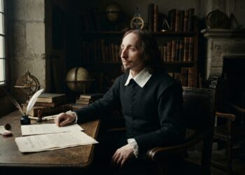 Retrato de Blaise Pascal sentado sozinho em um escritório do século XVII, com manuscritos sobre a mesa e expressão contemplativa.