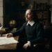 Retrato de Blaise Pascal sentado sozinho em um escritório do século XVII, com manuscritos sobre a mesa e expressão contemplativa.