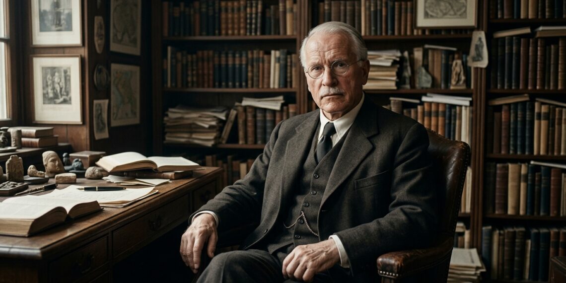 Representação histórica de Carl Jung em seu escritório, em um momento de reflexão sobre a mente humana.