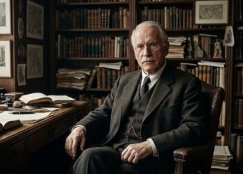 Representação histórica de Carl Jung em seu escritório, em um momento de reflexão sobre a mente humana.