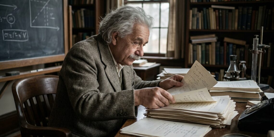 Albert Einstein revisa anotações científicas e reduz uma ideia complexa aos elementos essenciais.