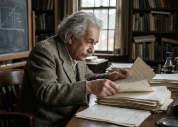 Albert Einstein revisa anotações científicas e reduz uma ideia complexa aos elementos essenciais.