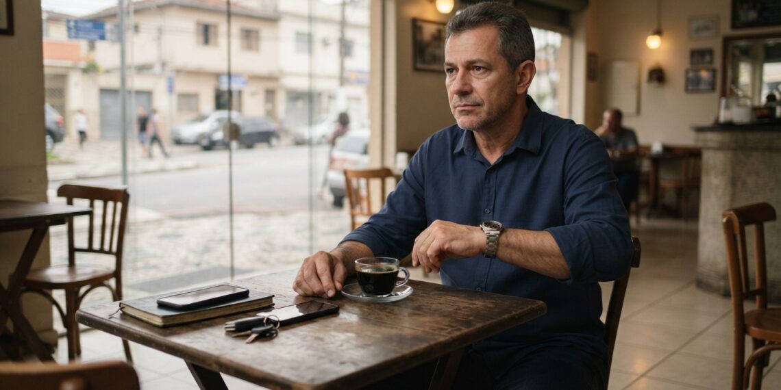 Homem de aproximadamente 58 anos sentado sozinho em uma cafeteria observa seu relógio de pulso enquanto aguarda um compromisso.