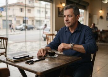 Homem de aproximadamente 58 anos sentado sozinho em uma cafeteria observa seu relógio de pulso enquanto aguarda um compromisso.