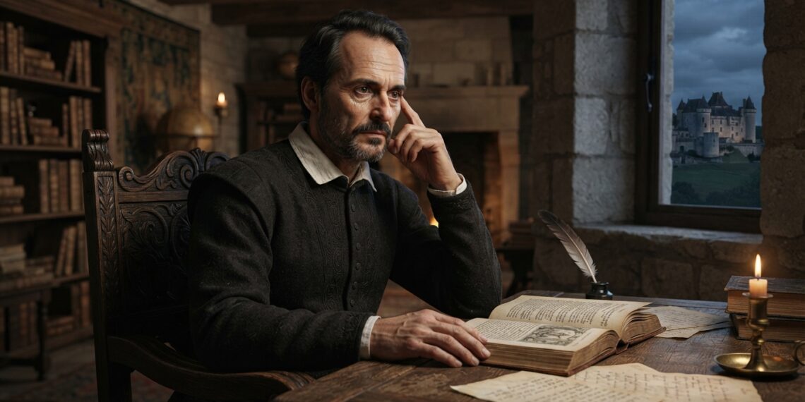 Representação de Michel de Montaigne sentado em um gabinete renascentista, com expressão pensativa, iluminado por uma vela diante de uma janela escura.