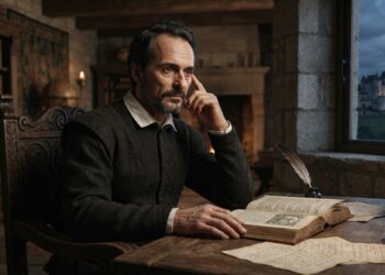 Representação de Michel de Montaigne sentado em um gabinete renascentista, com expressão pensativa, iluminado por uma vela diante de uma janela escura.