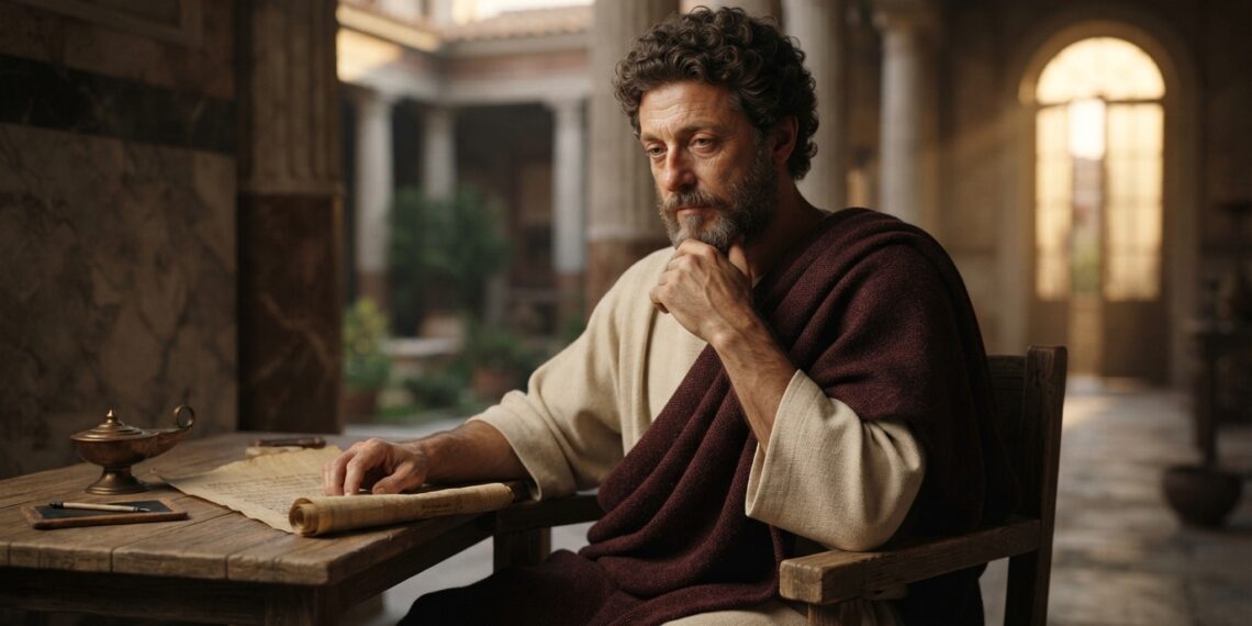 Representação hiper-realista de Marco Aurélio sentado em um ambiente romano, com expressão contemplativa e manuscritos sobre uma mesa.