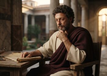 Representação hiper-realista de Marco Aurélio sentado em um ambiente romano, com expressão contemplativa e manuscritos sobre uma mesa.