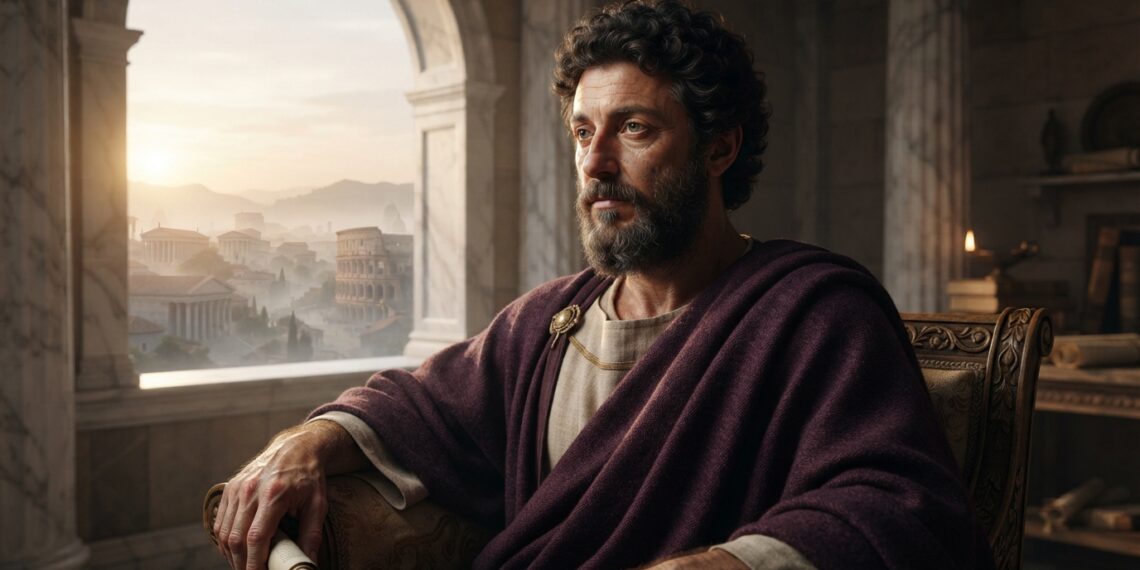 Representação artística de Marco Aurélio sentado junto a uma janela de mármore, contemplando a Roma Antiga iluminada pelo nascer do sol.