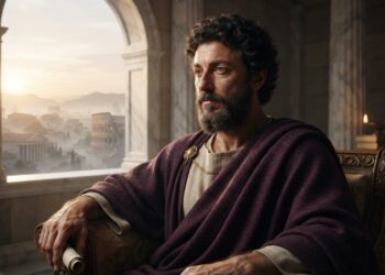 Representação artística de Marco Aurélio sentado junto a uma janela de mármore, contemplando a Roma Antiga iluminada pelo nascer do sol.