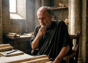 Representação artística de Sêneca em um ambiente de estudo romano, refletindo sobre a razão e o controle das emoções.