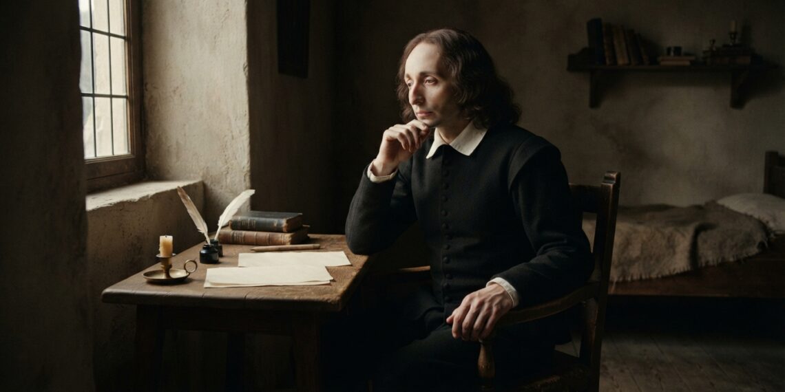 Representação histórica de Blaise Pascal sentado sozinho em um quarto francês do século XVII, próximo a uma janela iluminada, em atitude de reflexão.