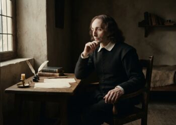 Representação histórica de Blaise Pascal sentado sozinho em um quarto francês do século XVII, próximo a uma janela iluminada, em atitude de reflexão.