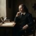 Representação histórica de Blaise Pascal sentado sozinho em um quarto francês do século XVII, próximo a uma janela iluminada, em atitude de reflexão.