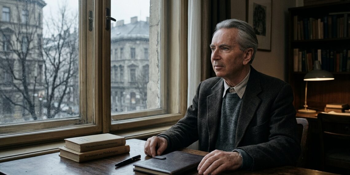 Viktor Frankl reflete diante de uma situação difícil em ambiente silencioso e austero.