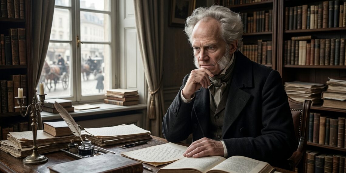 Arthur Schopenhauer permanece sozinho em um ambiente silencioso de estudo enquanto a cidade se movimenta ao fundo.