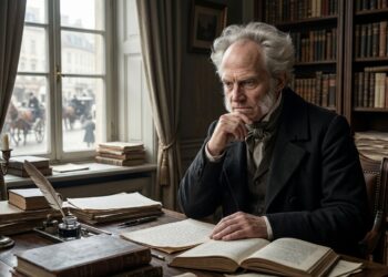 Arthur Schopenhauer permanece sozinho em um ambiente silencioso de estudo enquanto a cidade se movimenta ao fundo.