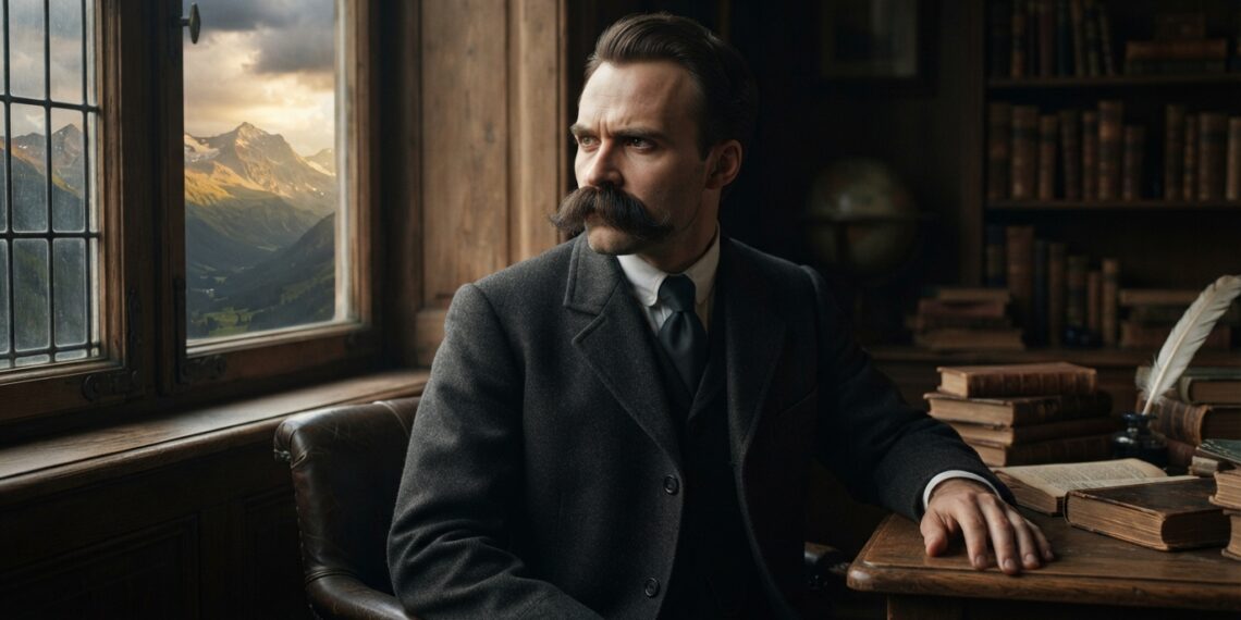 Representação hiper-realista de Friedrich Nietzsche sentado em um escritório do século XIX, com expressão reflexiva e montanhas iluminadas ao fundo.
