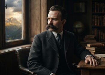 Representação hiper-realista de Friedrich Nietzsche sentado em um escritório do século XIX, com expressão reflexiva e montanhas iluminadas ao fundo.