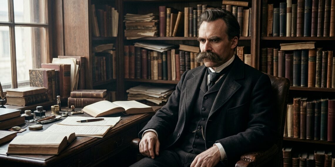 Representação histórica de Friedrich Nietzsche em um ambiente de estudo, simbolizando sua reflexão sobre o sentido da vida.