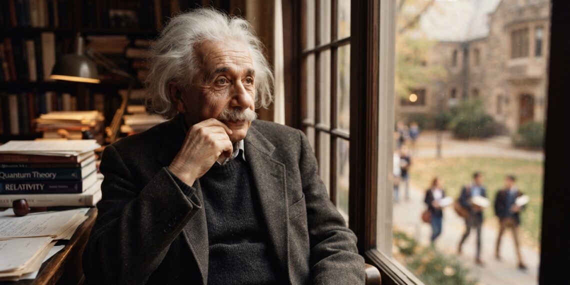 Albert Einstein em um estudo histórico, refletindo sobre a empatia e a maturidade humana.