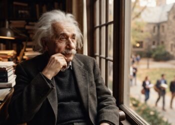 Albert Einstein em um estudo histórico, refletindo sobre a empatia e a maturidade humana.