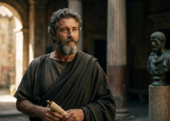 Marco Aurélio em um cenário inspirado na Roma Antiga, simbolizando autocontrole e serenidade interior.