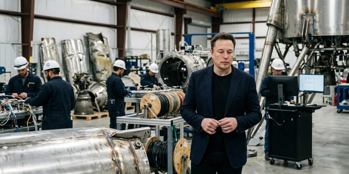 Elon Musk observa um protótipo em ambiente de engenharia aeroespacial.