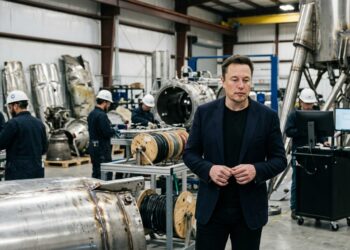 Elon Musk observa um protótipo em ambiente de engenharia aeroespacial.